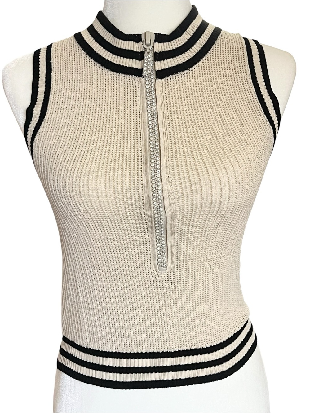 Sleeveless Zip Front Knit Top in Cream with Black Trim Jeweled Zipper